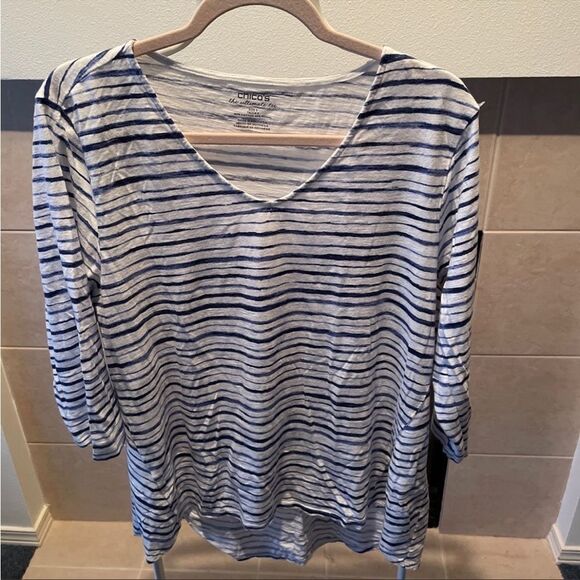 Chicos Blue White Striped Scoop Neck Short Sleeve Shirt - Picture 1 of 2